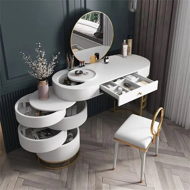 White Makeup Vanity Dressing Table With Swivel Cabinet Mirror and Stool