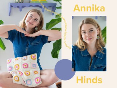 A split-screen image of home influencer Annika Hinds over a light yellow background with a purple circle.