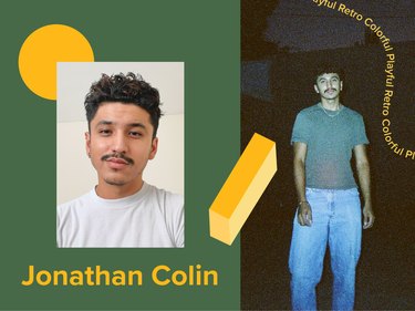 A split-screen image of Jonathan Colin over a dark green background with yellow geometric shapes.