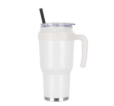 white tumbler with metal details