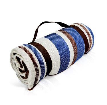 striped blue and brown blanket with strap