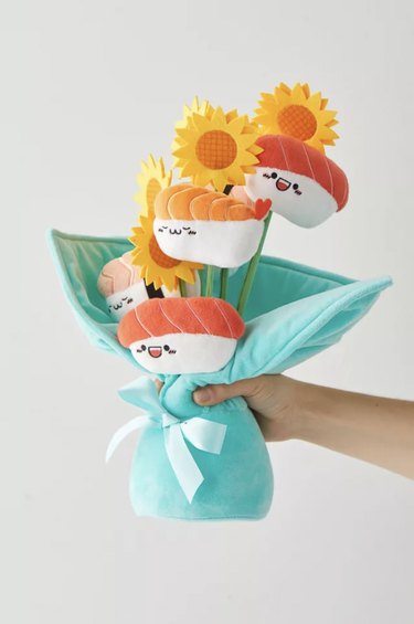 sushi bouquet plushie with sunflowers in a teal design