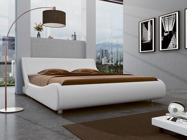 white faux leather sleigh bed frame