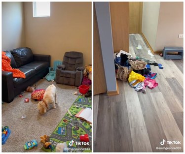 On the left is a messy playroom with beige walls, a black couch, and a small dog. On the right is a pile of dirty laundry on hardwood floor.
