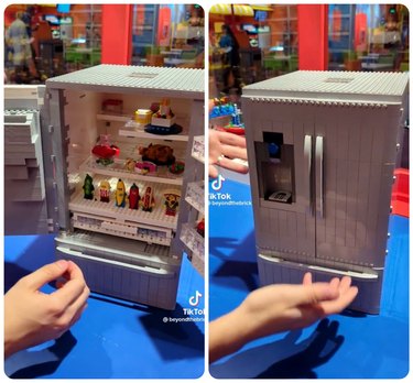 Two images, the one on the right is a small refrigerator entirely made of LEGOs. The second image on the left is the same LEGO refrigerator, just with its doors open. The shelves are lined with LEGO food and LEGO figurines in food costumes.