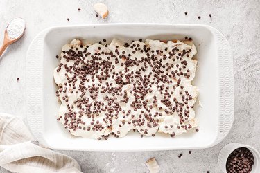 Cannoli filling and mini chocolate chips on top of bread