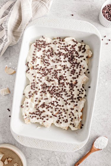 Ricotta and mini chocolate chips on top of cubed bread