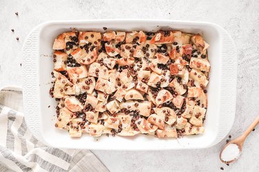 Cannoli French toast casserole with chocolate chips on top