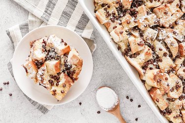 Slice of cannoli French toast casserole on a white plate