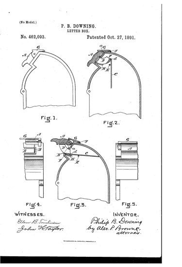 patent drawings for a hinged door for his street letter boxes