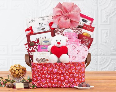 Valentine's Day gift basket with Ghirardelli, Lindt, and Godiva chocolates