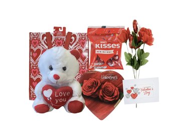 budget-friendly gift bag with Hershey's kisses and teddy bear