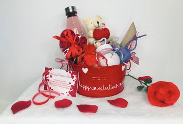 Etsy personalized gift basket with teddy bear and body care items