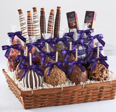 luxurious caramel apple gift basket with chocolate-covered pretzels