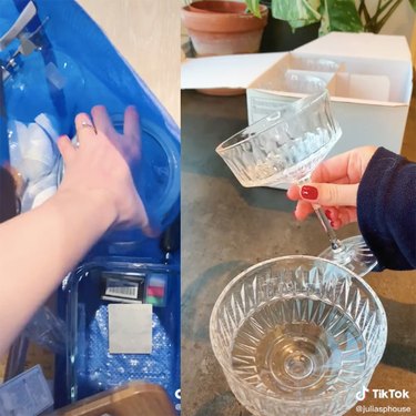two screenshots of a tiktok video, one showing a person grabbing something inside a blue IKEA bag, another showing a person holding a glass