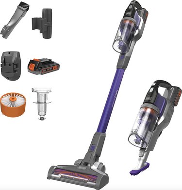 Black+Decker Powerseries Extreme Cordless Stick Vacuum in purple with multiple heads against a white backdrop