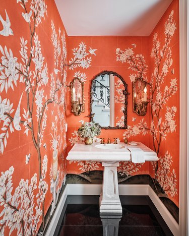 orange printed maximalist bathroom