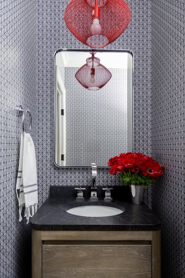 geometric maximalist bathroom