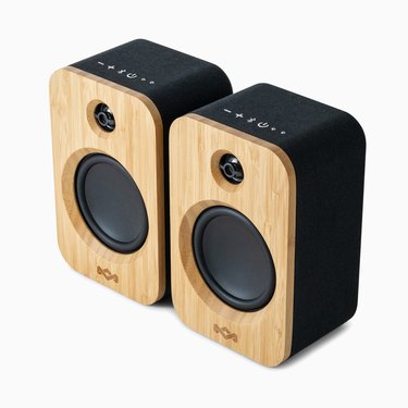 2 speakers with wooden faces