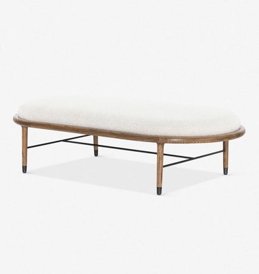 oval boucle bench with wood legs