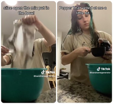 On the left is a person dumping a bag of cake mix into a green mixing bowl. On the right is the same person pouring Dr Pepper into a measuring cup.