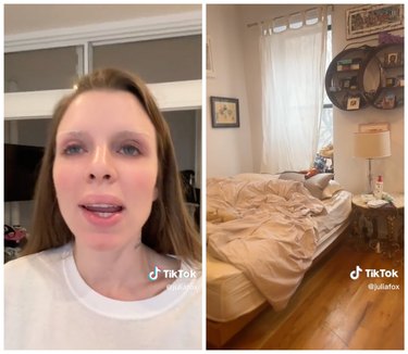 On the left is Julia Fox in a white t-shirt. On the right is an image of an unmade bed on a wooden floor in front of a white wall with a window.