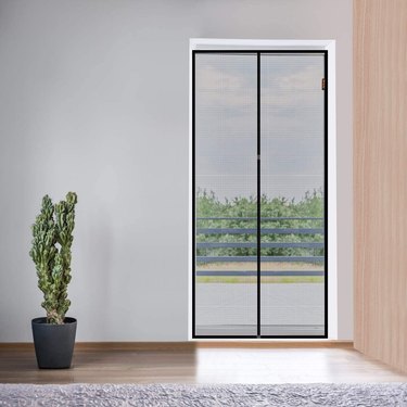 A black magnetic screen door in a room with wood floors and a plant