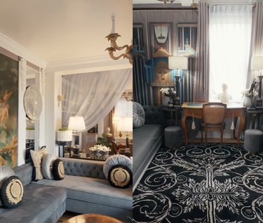 Split screen image of a luxurious living room on the left and office on the right