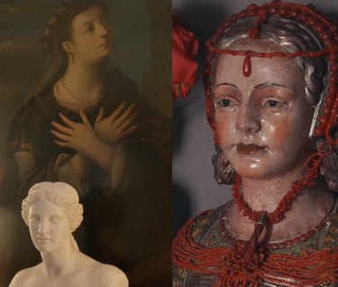 Split screen image of a white bust statue in front of a portrait on the left and a ceramic head sculpture on the right