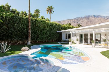 A curved pool painted with colorful shapes in a backyard lined with green shrubs next to a white one-story house.
