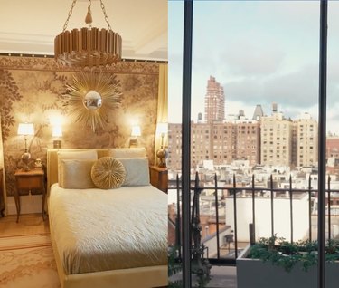 Split scree image of a bedroom with golden accents on the left and a view of New York City from a large window on the right
