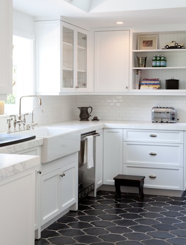 white kitchen with black kitchen floor tile