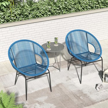 blue outdoor woven wicker chairs