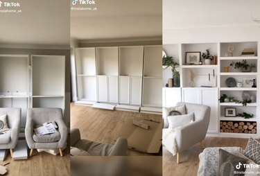 three screenshots of a tiktok video showing book shelves and a built-in shelving system in a living room