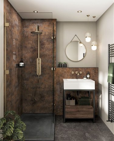 copper waterproof walls in industrial bathroom