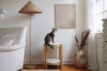 fluted cat tower in room with white couch and lamp