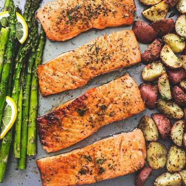 Creme de la Crumb's Sheet Pan Salmon and Asparagus with Potatoes