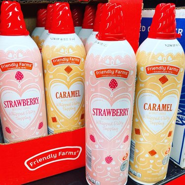 Friendly Farms strawberry and caramel whipped cream at Aldi