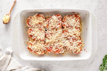 Casserole with tomato soup and cheese on top