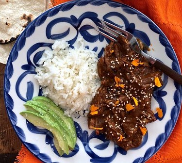 easy chicken mole on blue and white plate