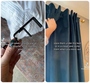 Two images, the one on the left shows a NoNo bracket being held by a white hand with green nail polish. The bracket is black with a silver screw. The second image is a blue velvet curtain hanging on a gold curtain rod.