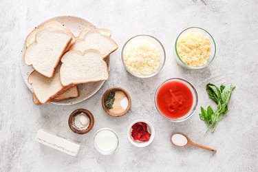 Ingredients for grilled cheese and tomato soup bake