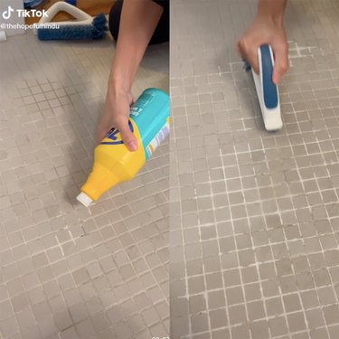 two screenshots from a tiktok video showing a person cleaning grout