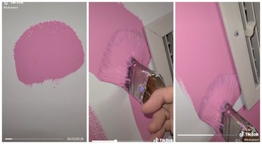 TikTok stills of someone painting a white wall pink