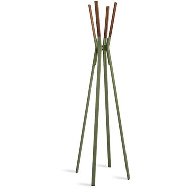 angular coat rack with a green vase and wooden top