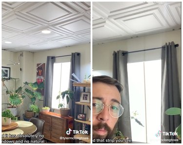 On the left is an image of a living room with lots of plants and a window. On the right is a man with glasses showing a window with gray curtains.
