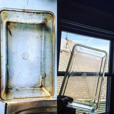 Before-and-after photo of a clean glass baking dish