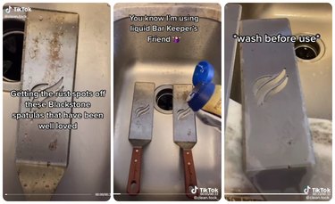 Before-and-after photos of clean metal spatulas