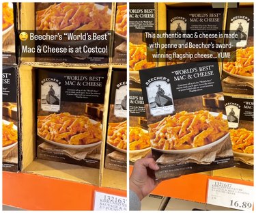 Side by side images of Beecher's "World's Best" Mac and Cheese on the freezer shelves in Costco.