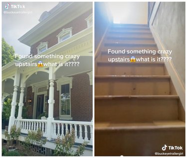 On the left is the exterior of an old Victorian home with a white columned porch and brick siding. On the right is a still of old wooden stairs leading up to an attic.